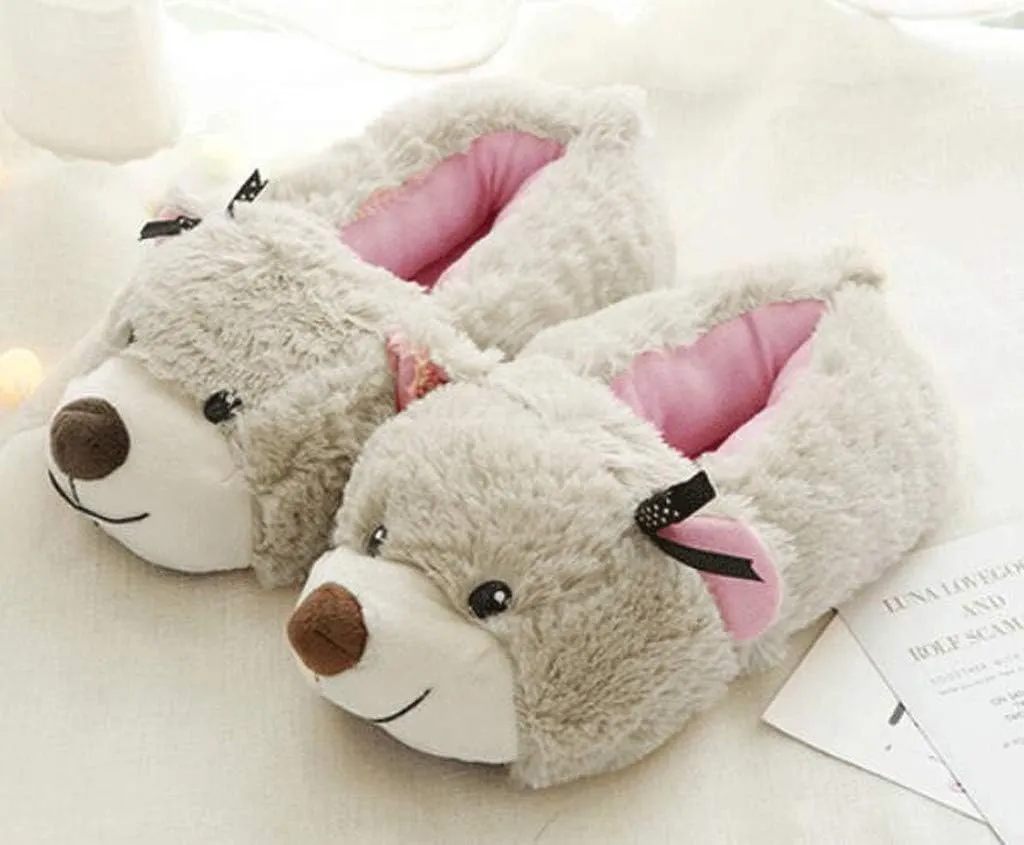 Women's Plush Boot Slippers Cute Bear Full Covered Slippers Winter Warm Womens Open Toe Adjustable