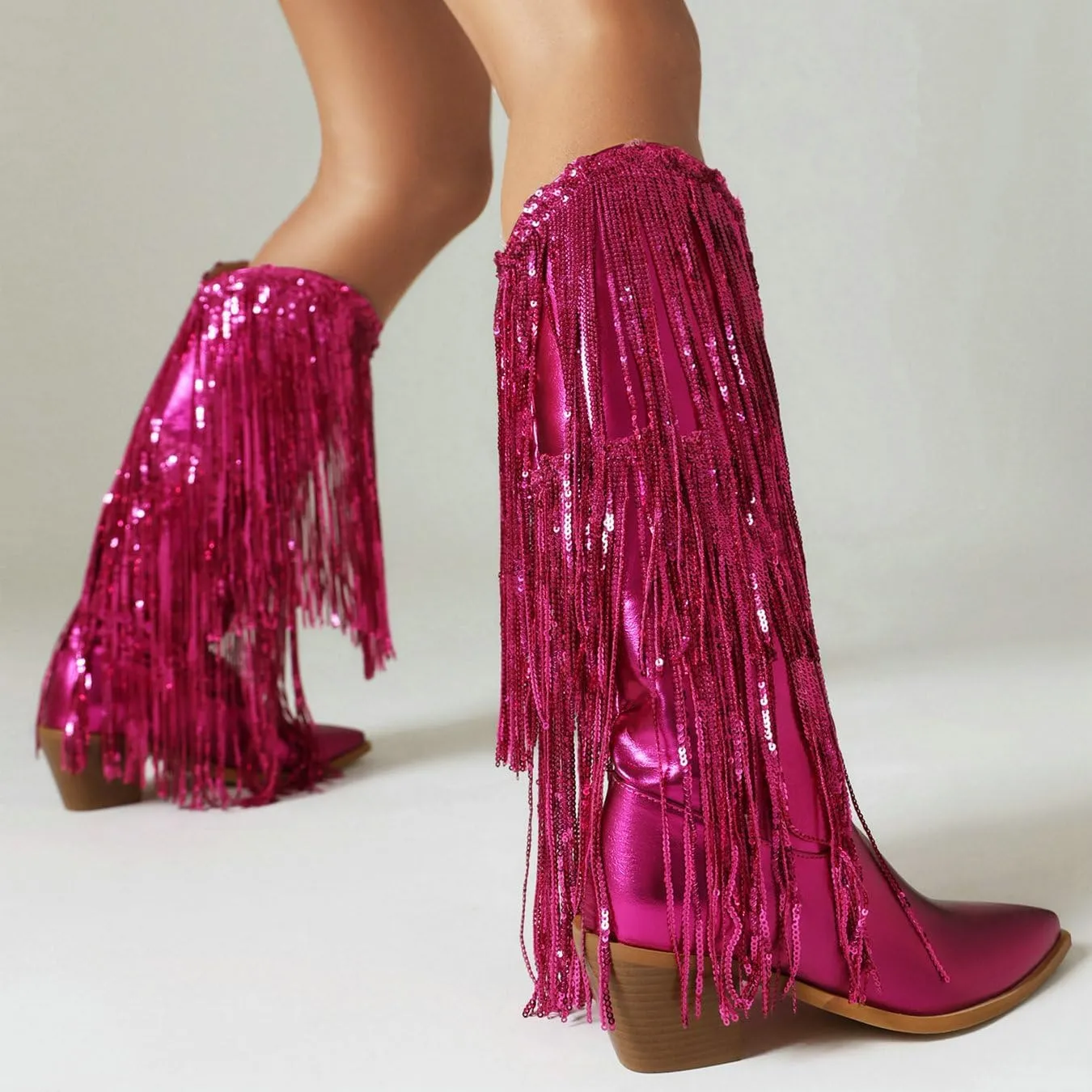 Women's Sequin Knee High Cowboy Boots Sparkly Metallic Fringed Cowgirl Boots Chunky Mid Heel Fashion Dress Booties Pull on