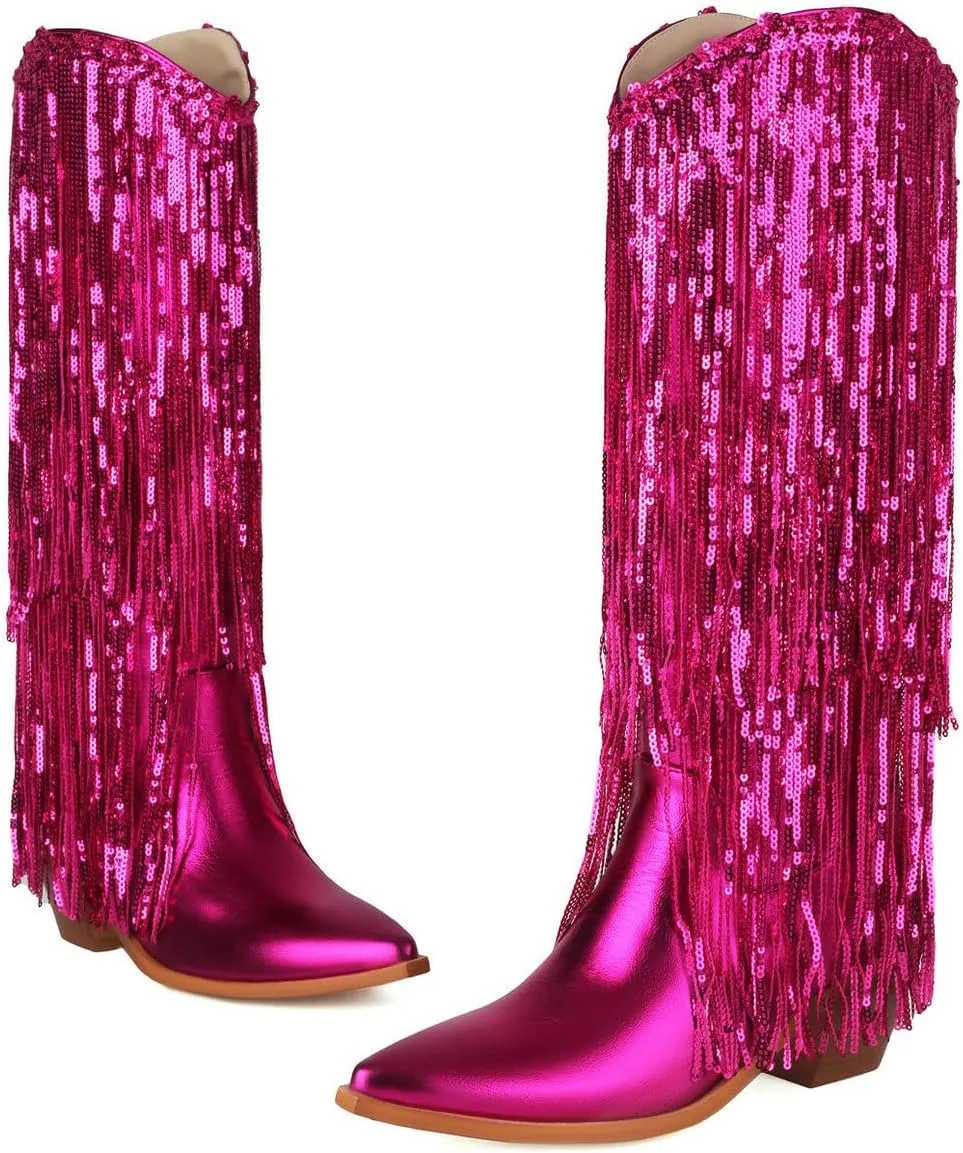 Women's Sequin Knee High Cowboy Boots Sparkly Metallic Fringed Cowgirl Boots Chunky Mid Heel Fashion Dress Booties Pull on