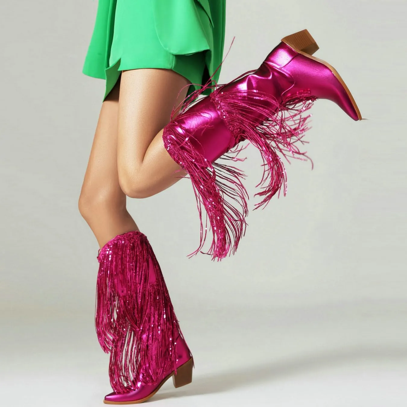 Women's Sequin Knee High Cowboy Boots Sparkly Metallic Fringed Cowgirl Boots Chunky Mid Heel Fashion Dress Booties Pull on