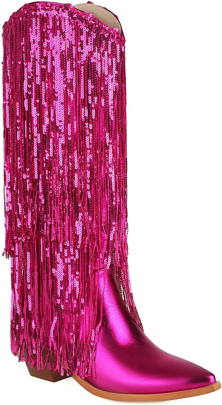 Women's Sequin Knee High Cowboy Boots Sparkly Metallic Fringed Cowgirl Boots Chunky Mid Heel Fashion Dress Booties Pull on