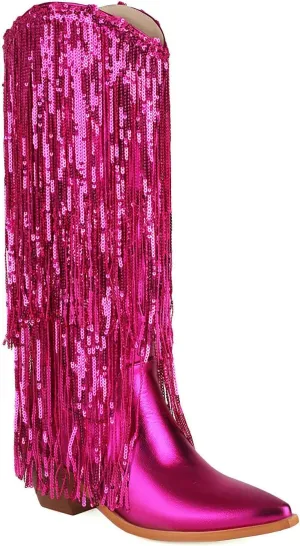 Women's Sequin Knee High Cowboy Boots Sparkly Metallic Fringed Cowgirl Boots Chunky Mid Heel Fashion Dress Booties Pull on