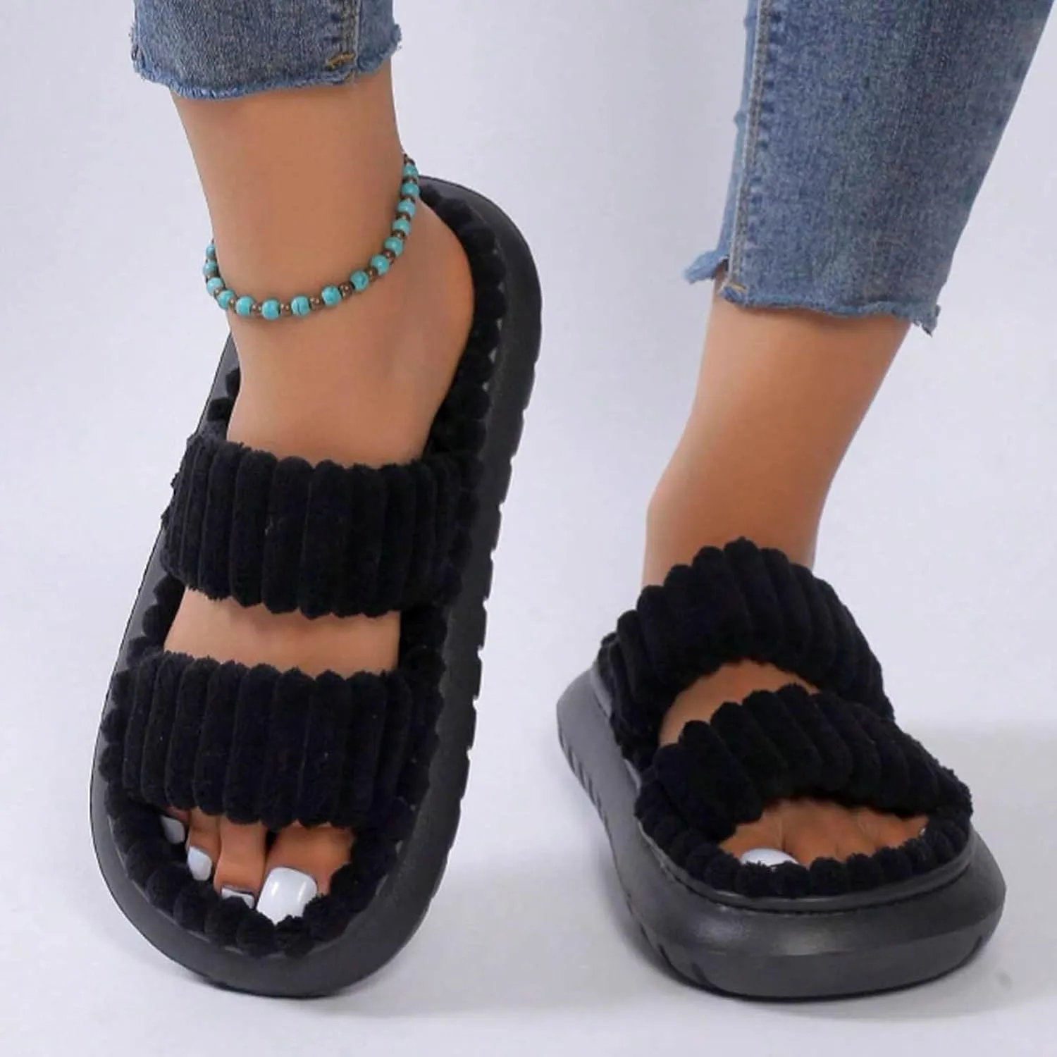 Women's Slippers Memory Foam Breathable Slippers Open Toe Winter Soft Indoor and Women J Slides