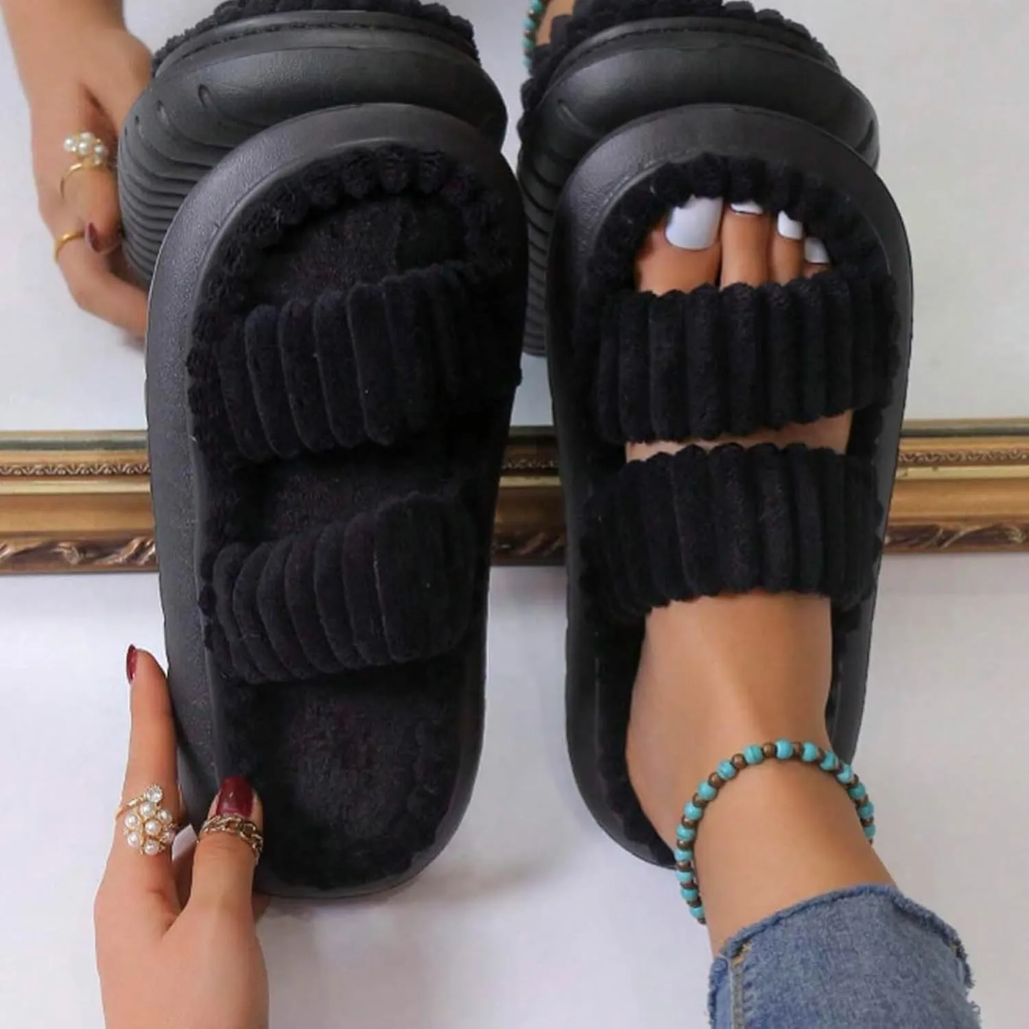 Women's Slippers Memory Foam Breathable Slippers Open Toe Winter Soft Indoor and Women J Slides
