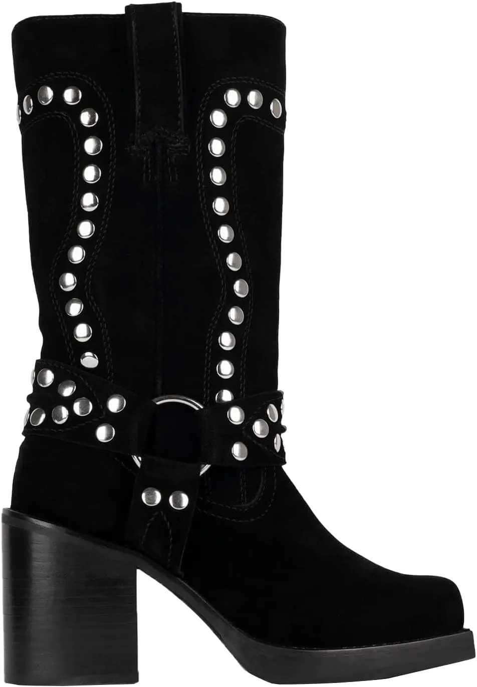 Women's Studded Square Toe Boots Suede Mid Calf Chunky Heel Boots Fashion Pull On Chunky Heel Motorcycle Boots