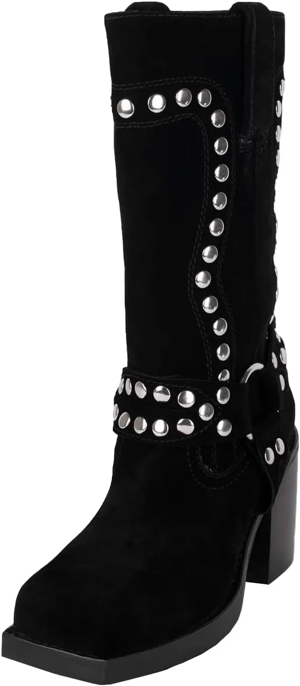 Women's Studded Square Toe Boots Suede Mid Calf Chunky Heel Boots Fashion Pull On Chunky Heel Motorcycle Boots