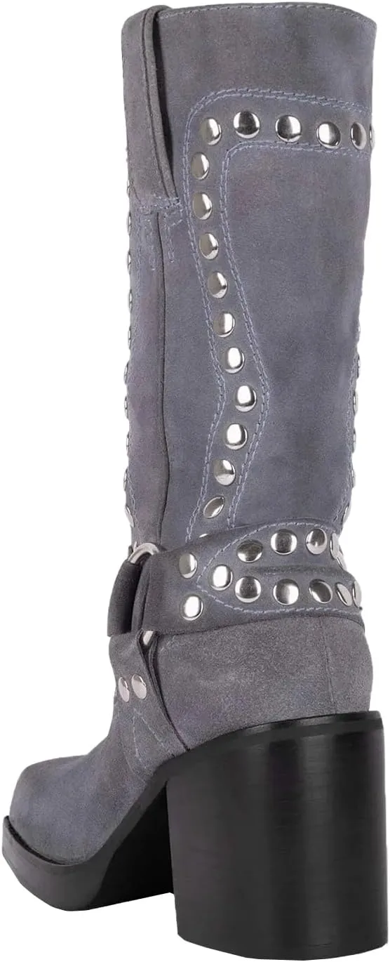Women's Studded Square Toe Boots Suede Mid Calf Chunky Heel Boots Fashion Pull On Chunky Heel Motorcycle Boots