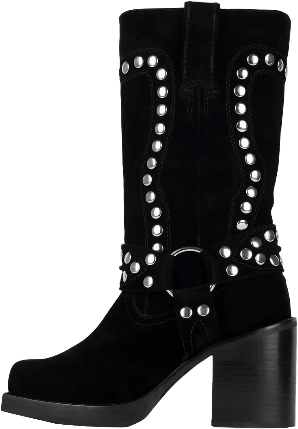 Women's Studded Square Toe Boots Suede Mid Calf Chunky Heel Boots Fashion Pull On Chunky Heel Motorcycle Boots