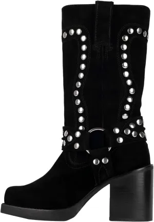 Women's Studded Square Toe Boots Suede Mid Calf Chunky Heel Boots Fashion Pull On Chunky Heel Motorcycle Boots