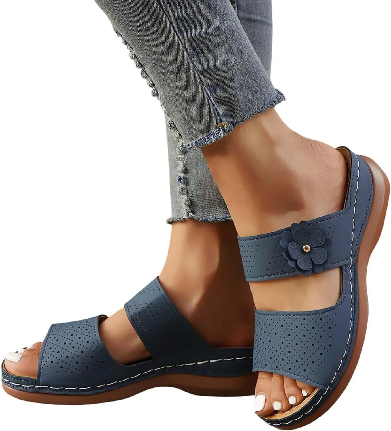 Women's Summer Sandals Casual Flat Slip On Beach Toe Post Comfortable Walking Shoes for Vacation Outfit