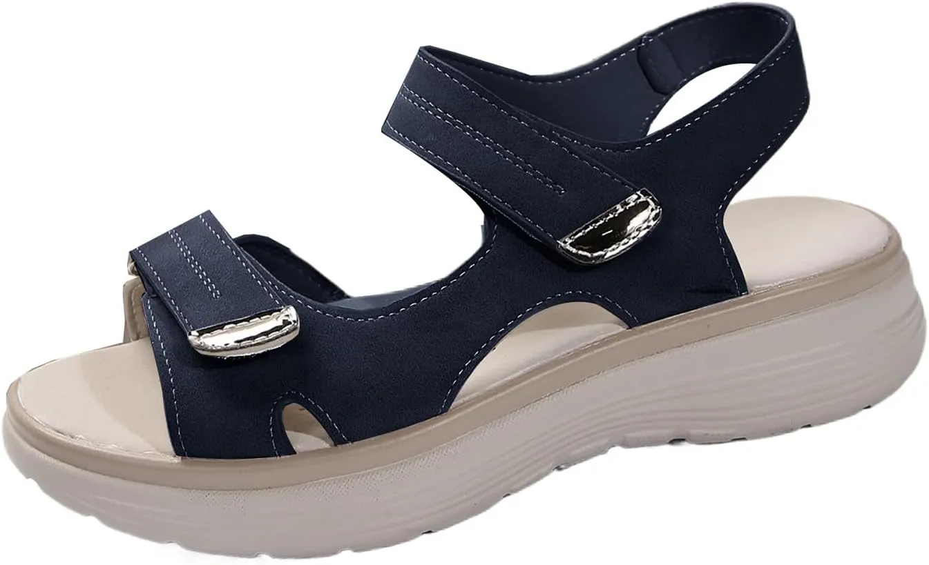 Women's Summer Walking Sandals Casual Peep Toe Air Cushion Support Orthotic Ortho Platform Ankle Strap Wedge Sandal Comfortable Flat Non-Slip Shoes