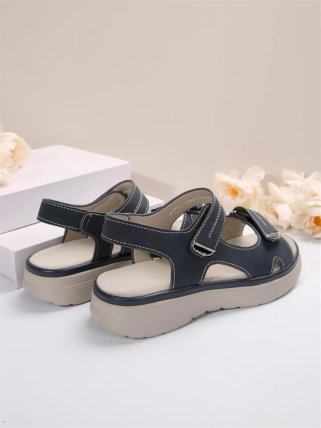 Women's Summer Walking Sandals Casual Peep Toe Air Cushion Support Orthotic Ortho Platform Ankle Strap Wedge Sandal Comfortable Flat Non-Slip Shoes