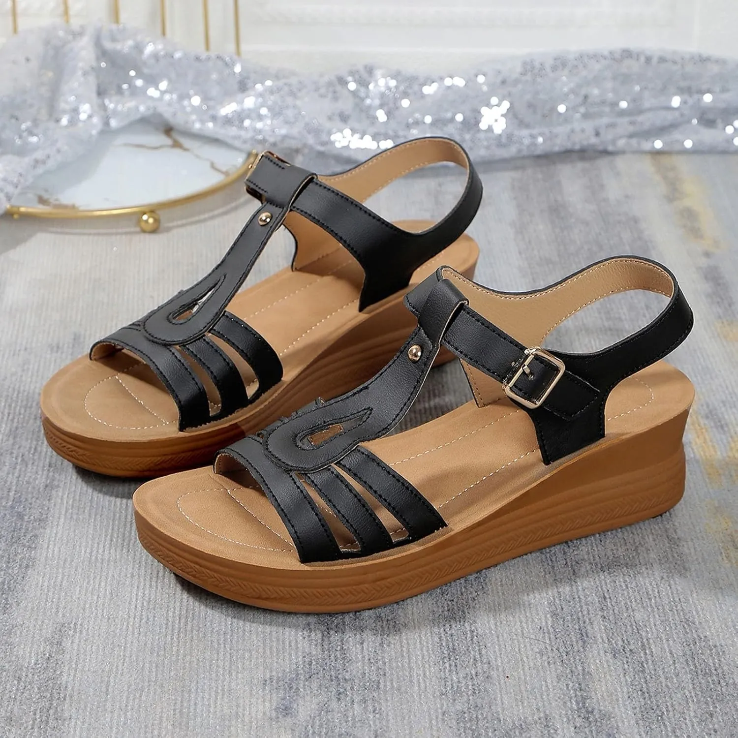 Women's Summer Wedge Sandals Open Toe Leather Casual Comfortable Beach Shoes for Outdoor Walking and Daily Wear