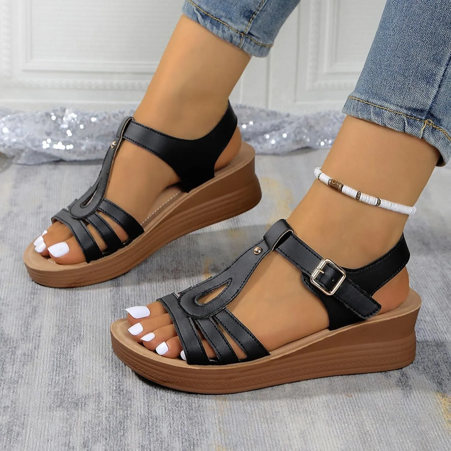 Women's Summer Wedge Sandals Open Toe Leather Casual Comfortable Beach Shoes for Outdoor Walking and Daily Wear