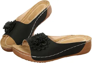 Womens Wedge Sandals Floral Open Toe Mid Heel Platform Comfortable Slides Wedges Shoes Casual Non Slip Lightweight Vamp with Flowers Slippers Flip Flops