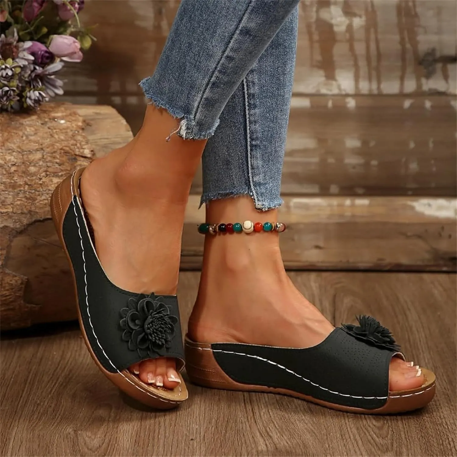 Womens Wedge Sandals Floral Open Toe Mid Heel Platform Comfortable Slides Wedges Shoes Casual Non Slip Lightweight Vamp with Flowers Slippers Flip Flops