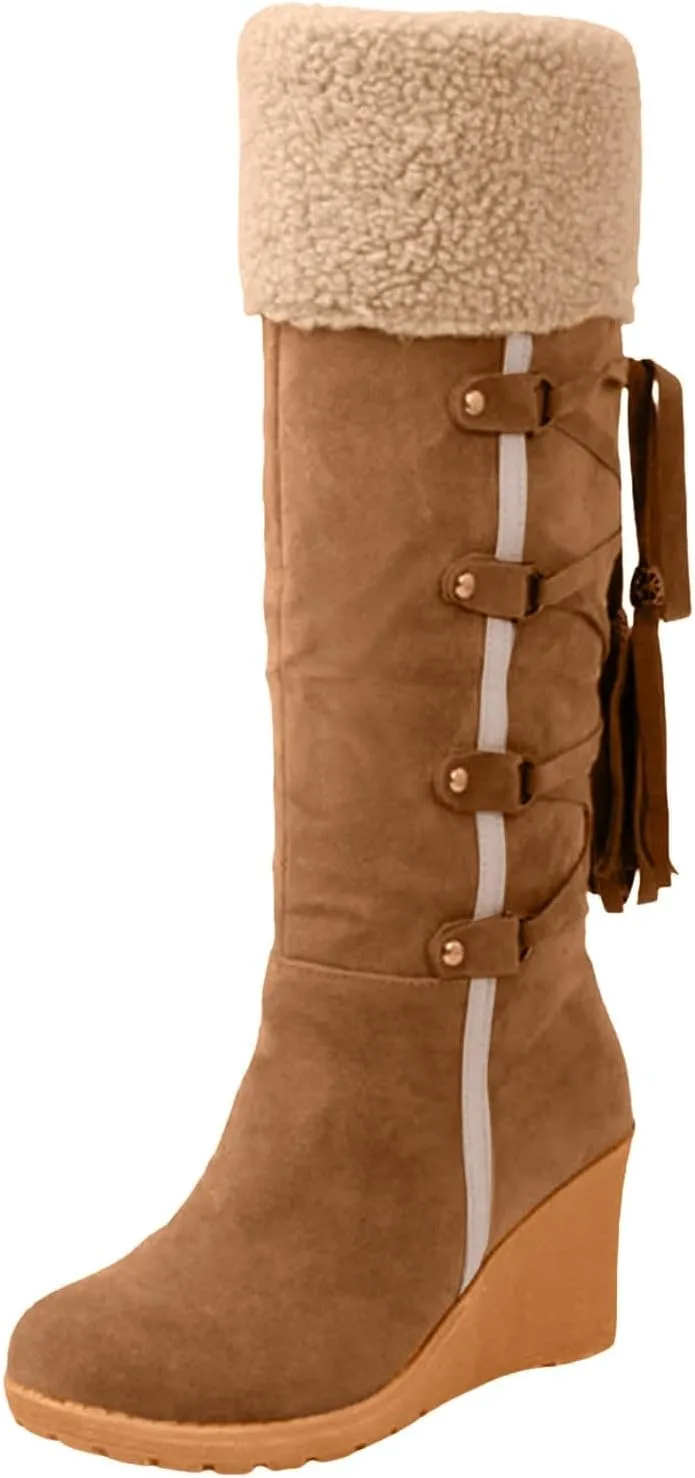 Women's Wedge Snow Boots Water Proof Insulated Winter Boots Fashion Lace Up Furry Boots Casual Mid Calf Boot