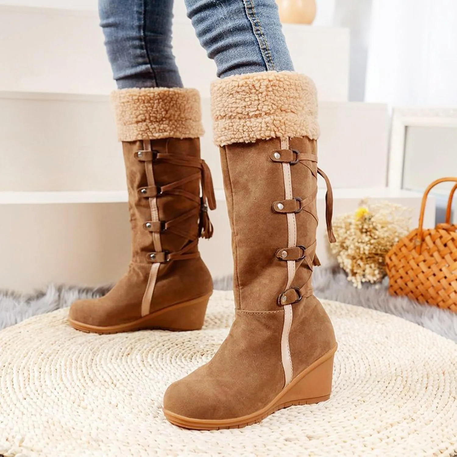 Women's Wedge Snow Boots Water Proof Insulated Winter Boots Fashion Lace Up Furry Boots Casual Mid Calf Boot