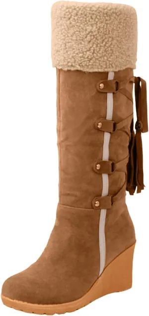Women's Wedge Snow Boots Water Proof Insulated Winter Boots Fashion Lace Up Furry Boots Casual Mid Calf Boot