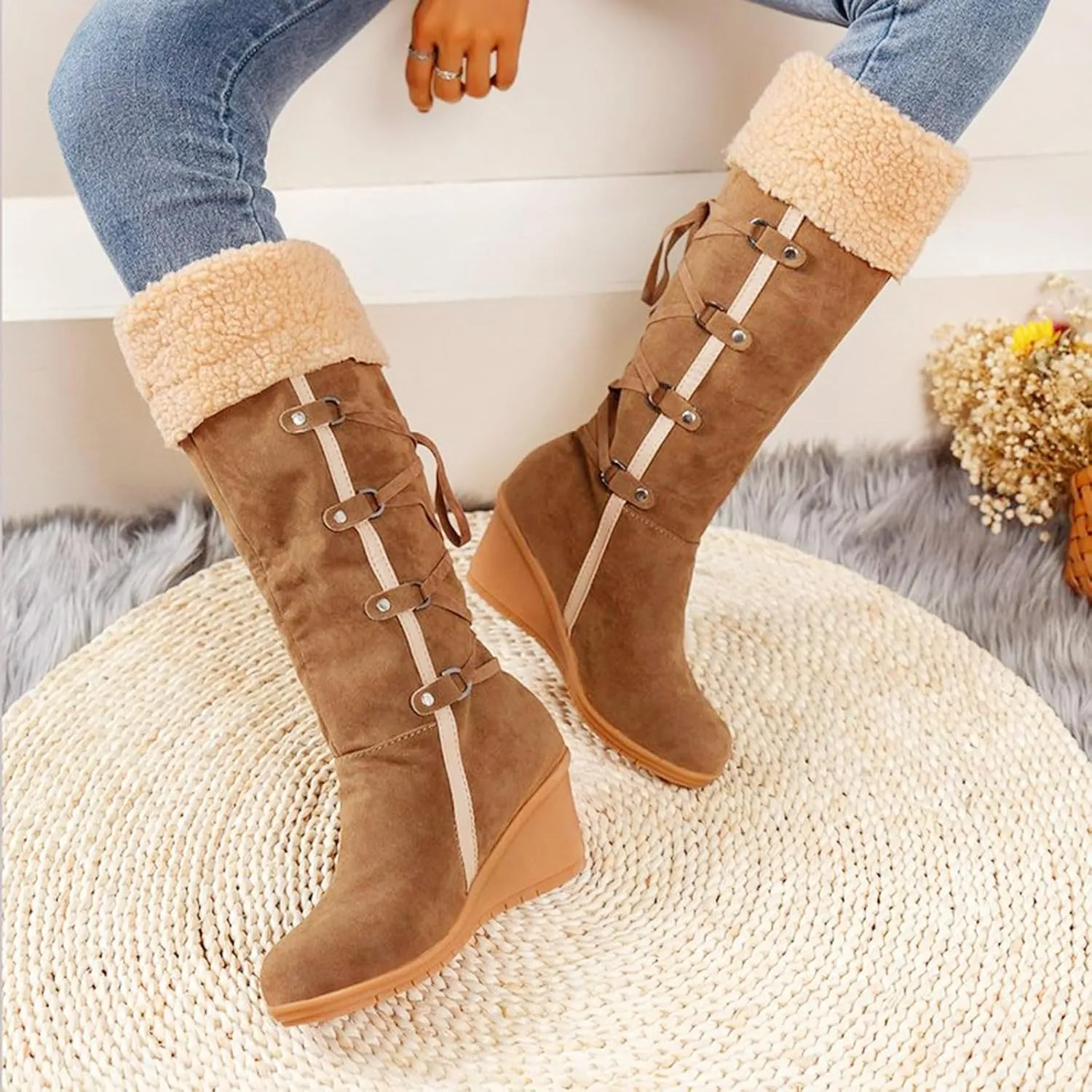 Women's Wedge Snow Boots Water Proof Insulated Winter Boots Fashion Lace Up Furry Boots Casual Mid Calf Boot