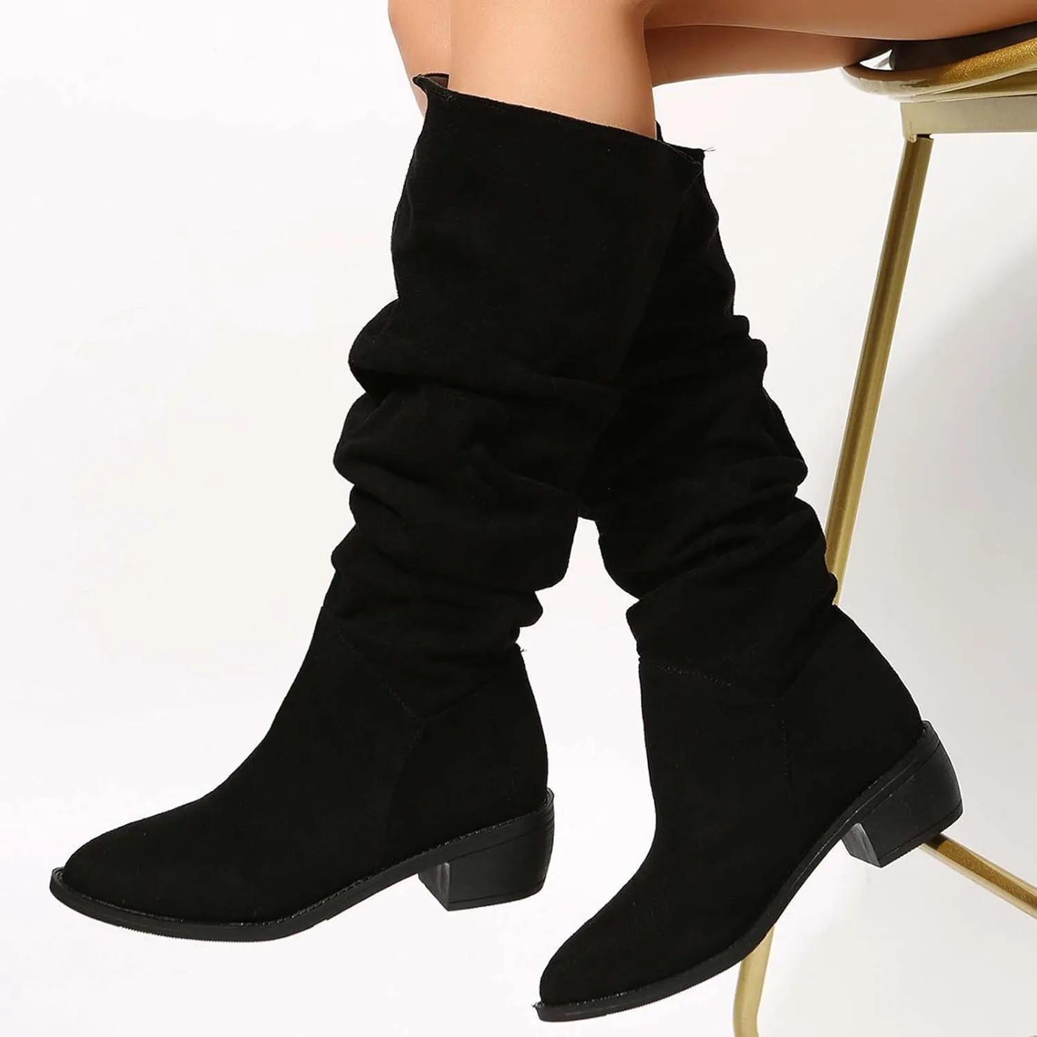 Women's Wide Calf Knee High Boots Chunky Block Heel Boots Comfortable Pull On Fall Weather Winter Riding Boots