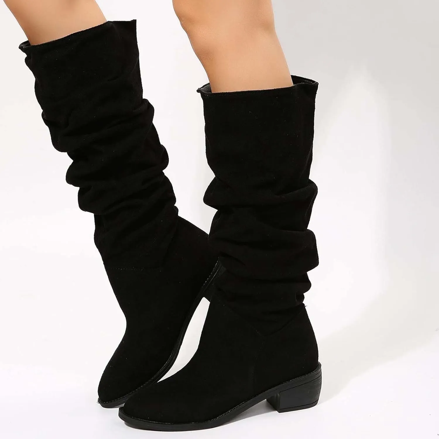 Women's Wide Calf Knee High Boots Chunky Block Heel Boots Comfortable Pull On Fall Weather Winter Riding Boots