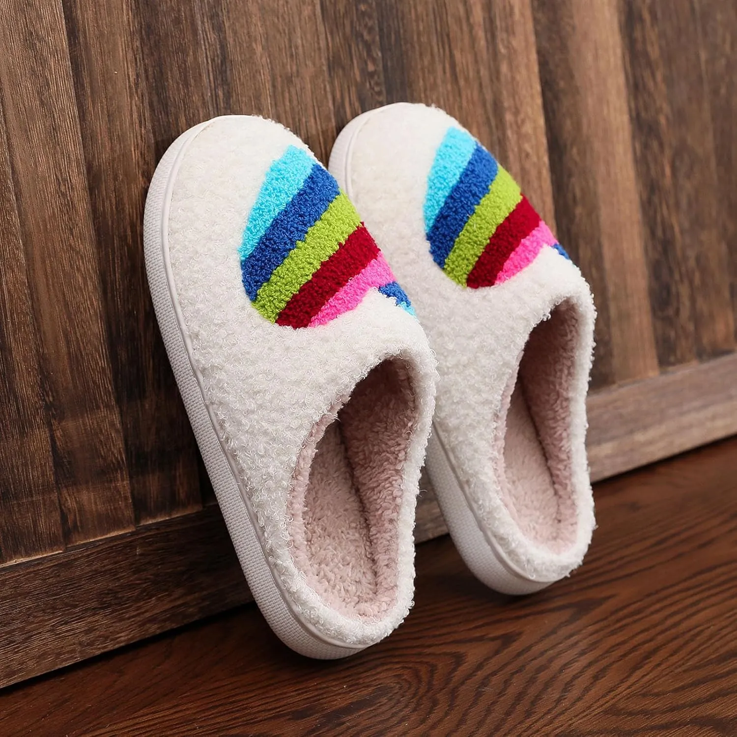 Women's Winter Cotton Slippers Plus Velvet Warm Slippers Couple Rainbow Love Women Memory Foam Open Toe