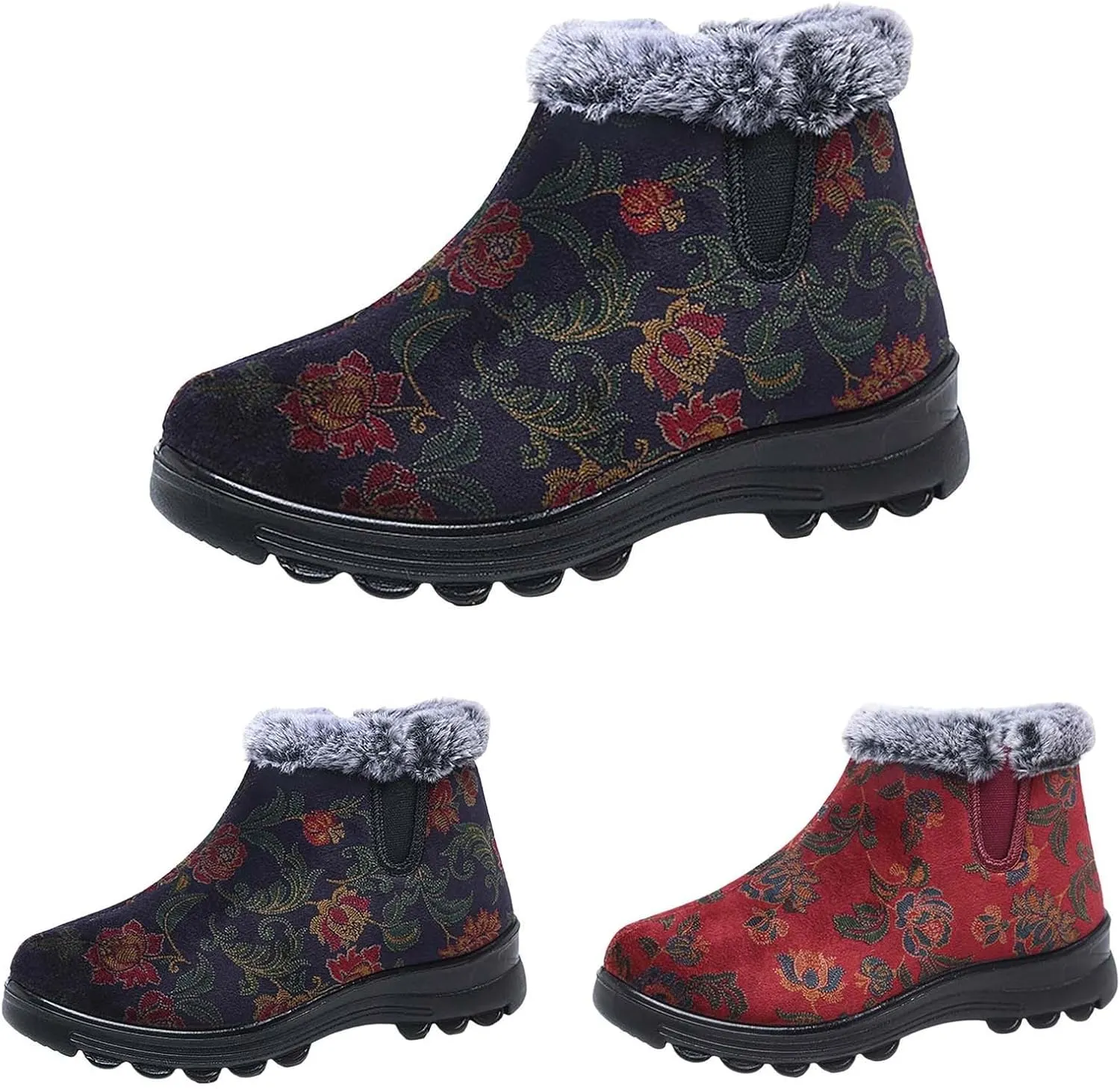 Women's Winter Warm Plush Lined Snow Ankle Boots Embroidered Warm Booties Comfortable Non-Slip Cotton Shoes