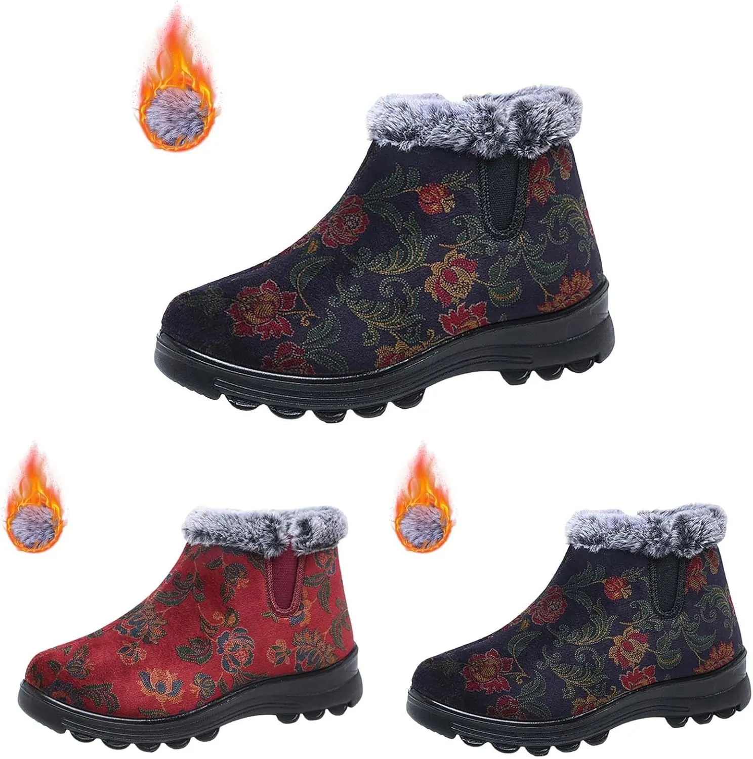 Women's Winter Warm Plush Lined Snow Ankle Boots Embroidered Warm Booties Comfortable Non-Slip Cotton Shoes