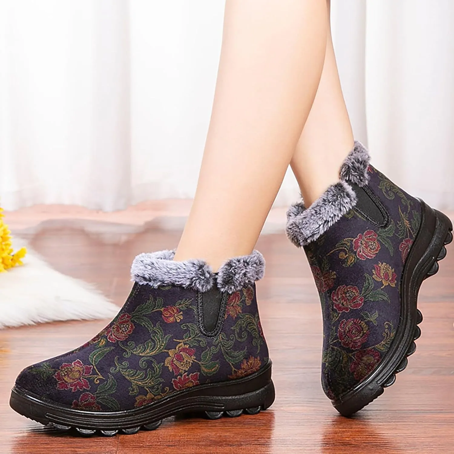 Women's Winter Warm Plush Lined Snow Ankle Boots Embroidered Warm Booties Comfortable Non-Slip Cotton Shoes
