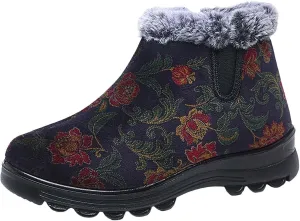 Women's Winter Warm Plush Lined Snow Ankle Boots Embroidered Warm Booties Comfortable Non-Slip Cotton Shoes