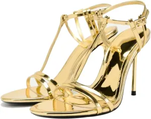 YIYA Women's Metallic Gold Open Round Toe Ankle Strappy Stiletto Kitten High Heels Sandals Party Dress Shoes