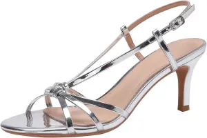 YIYA Women's Metallic Strappy Kitten Heels Sandals Open Round Toe Stiletto High Heels Party Prom Dress Ankle Strap Sandals