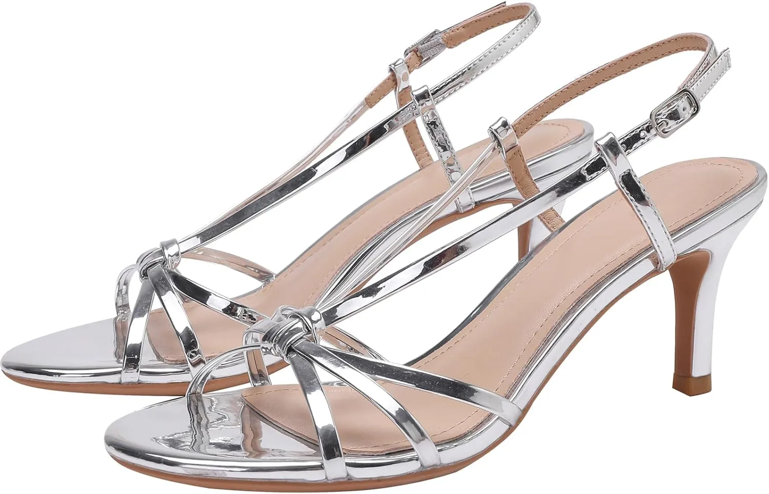 YIYA Women's Metallic Strappy Kitten Heels Sandals Open Round Toe Stiletto High Heels Party Prom Dress Ankle Strap Sandals