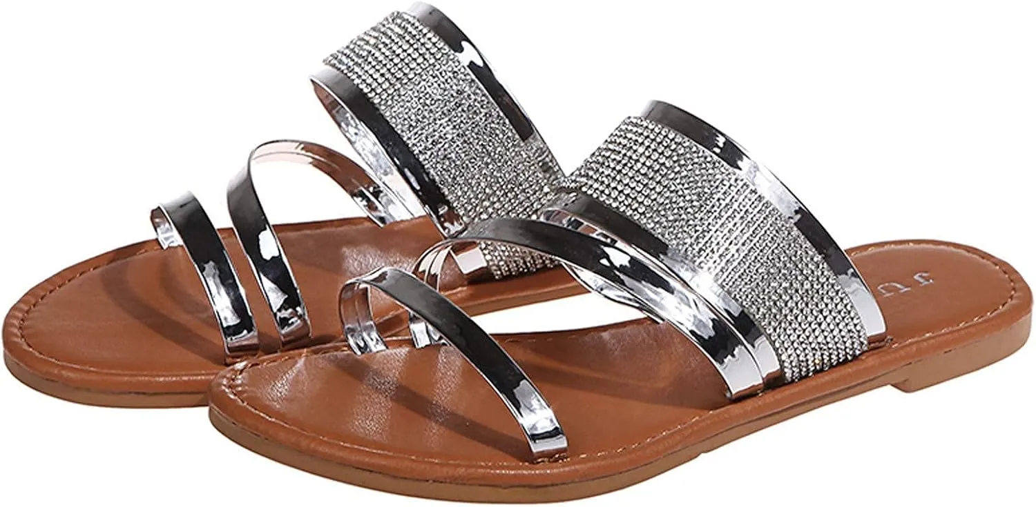 ZBYY Womens Sandals Rhinestone Open Toe Flat Sandals Summer Dressy Beach Slippers Slides Slip On Sandals for Women