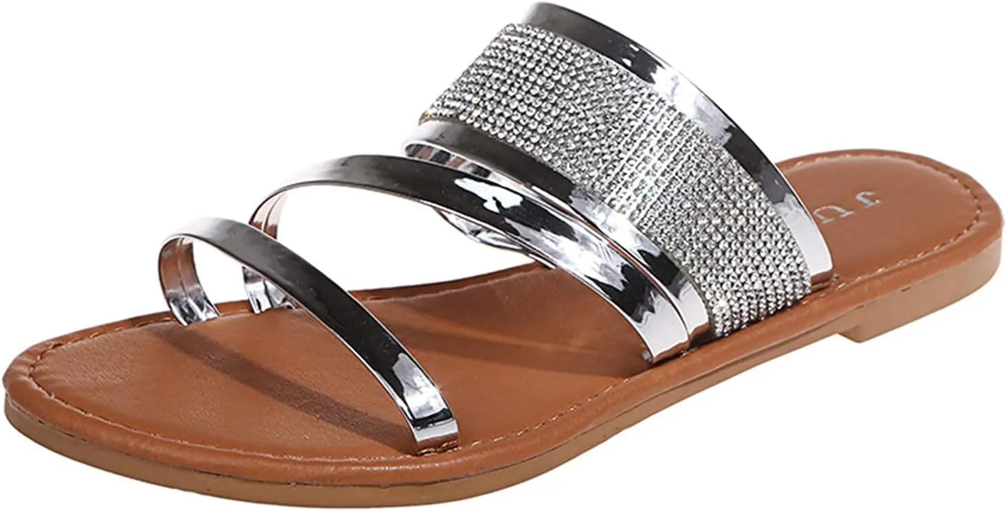 ZBYY Womens Sandals Rhinestone Open Toe Flat Sandals Summer Dressy Beach Slippers Slides Slip On Sandals for Women