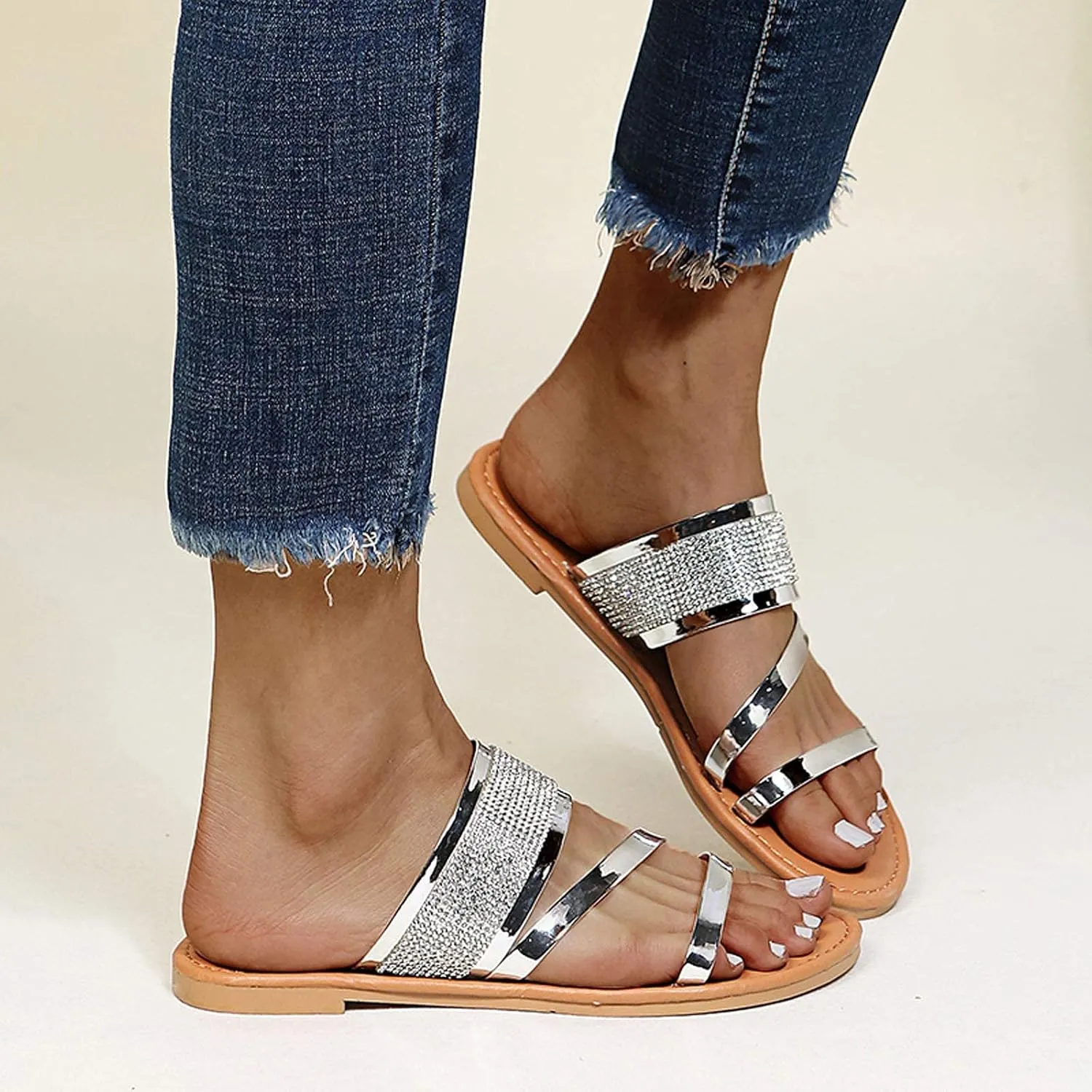 ZBYY Womens Sandals Rhinestone Open Toe Flat Sandals Summer Dressy Beach Slippers Slides Slip On Sandals for Women