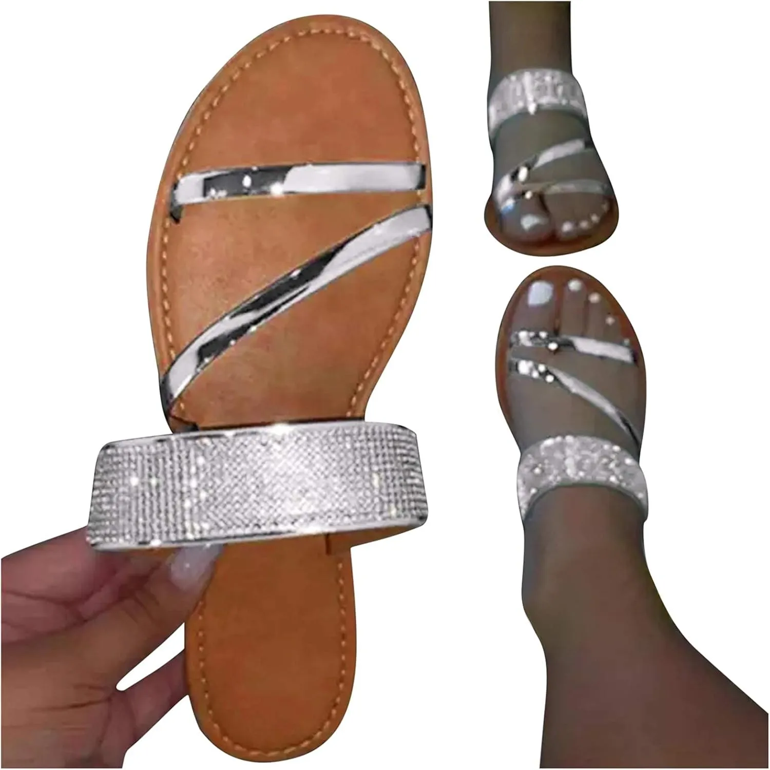 ZBYY Womens Sandals Rhinestone Open Toe Flat Sandals Summer Dressy Beach Slippers Slides Slip On Sandals for Women